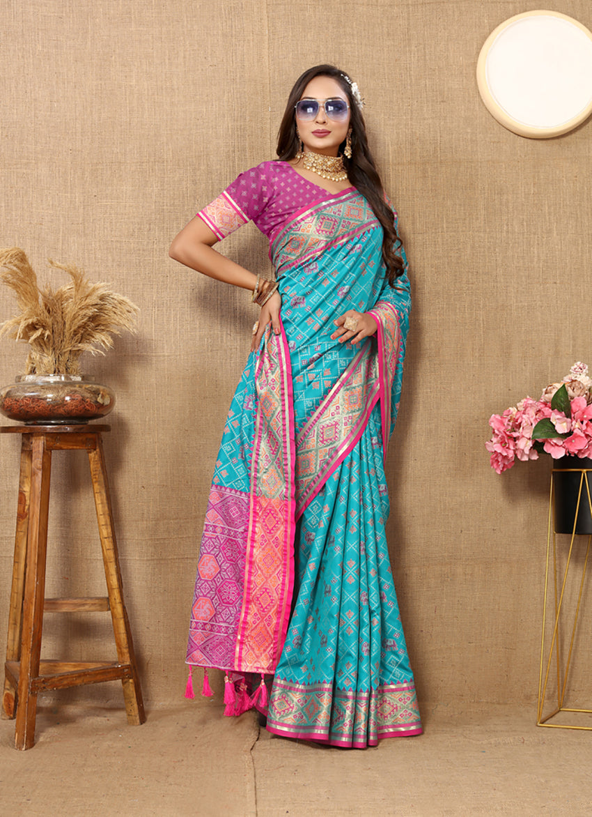 Firozi Patola Silk Saree with Zari Meenakari Woven Pallu