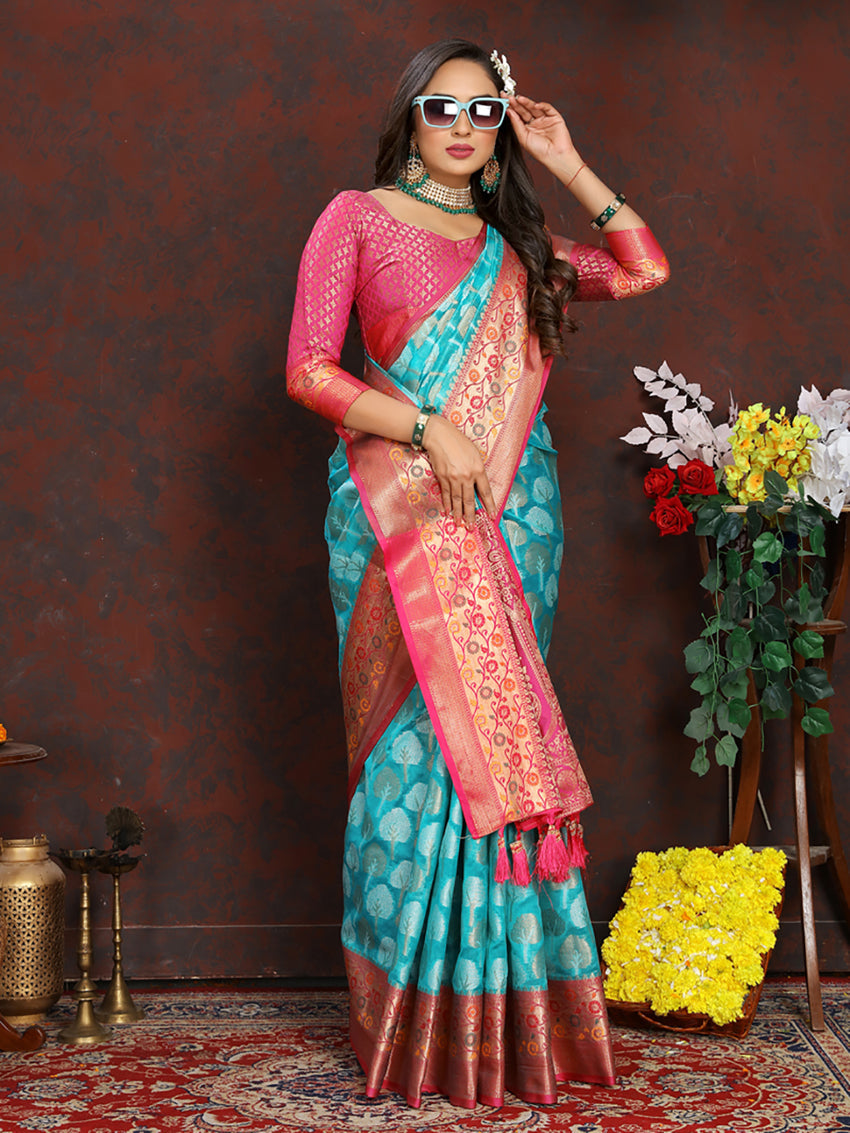 Firozi Organza Silk Saree with Meenakari Weaving and Pink Border
