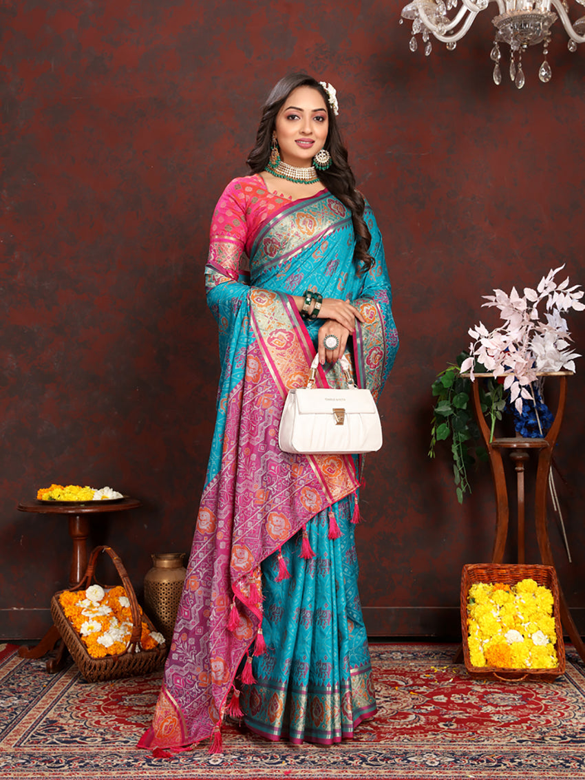 Firozi Patola Silk Saree with Zari Meenakari Weaving Motifs