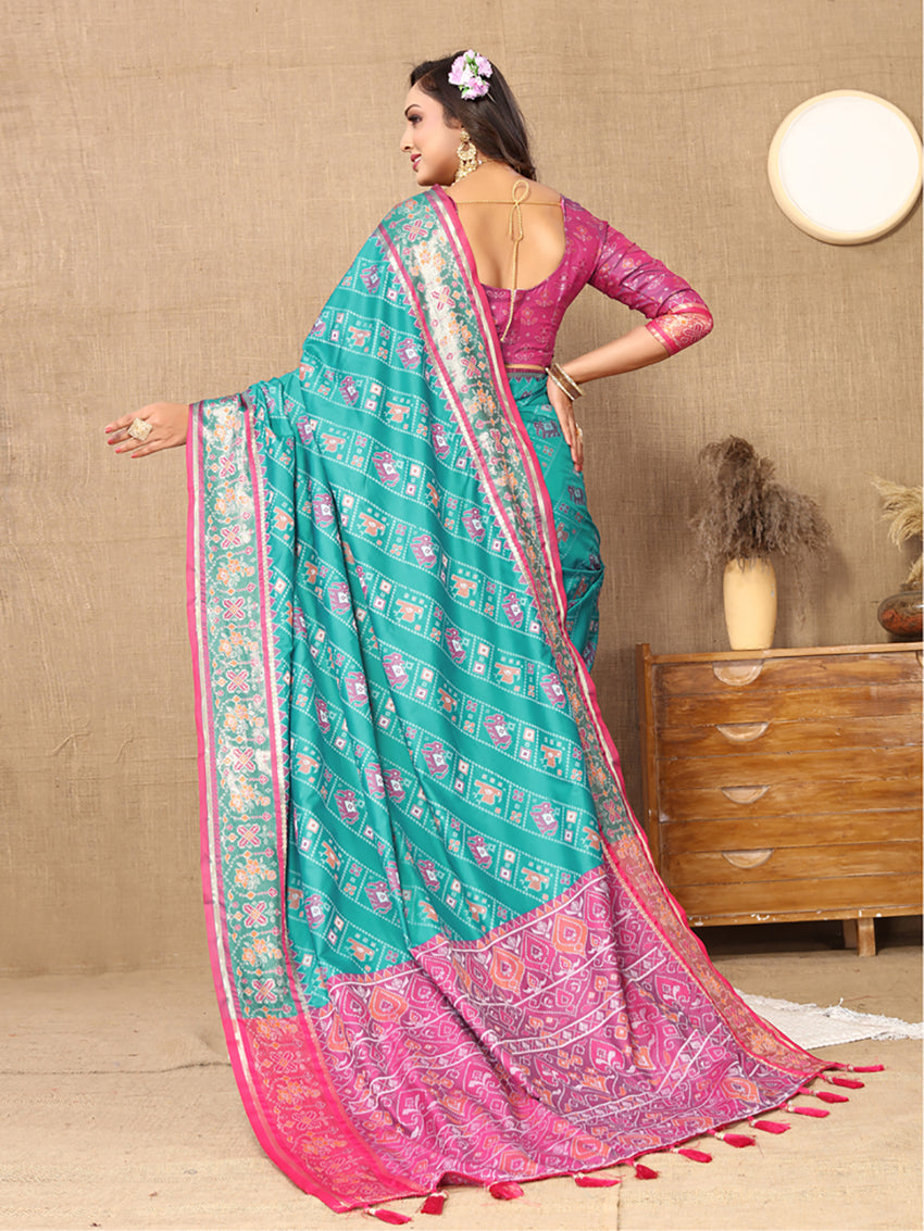 Firozi Patola Silk Saree with Zari Meenakari Weaving and Pallu