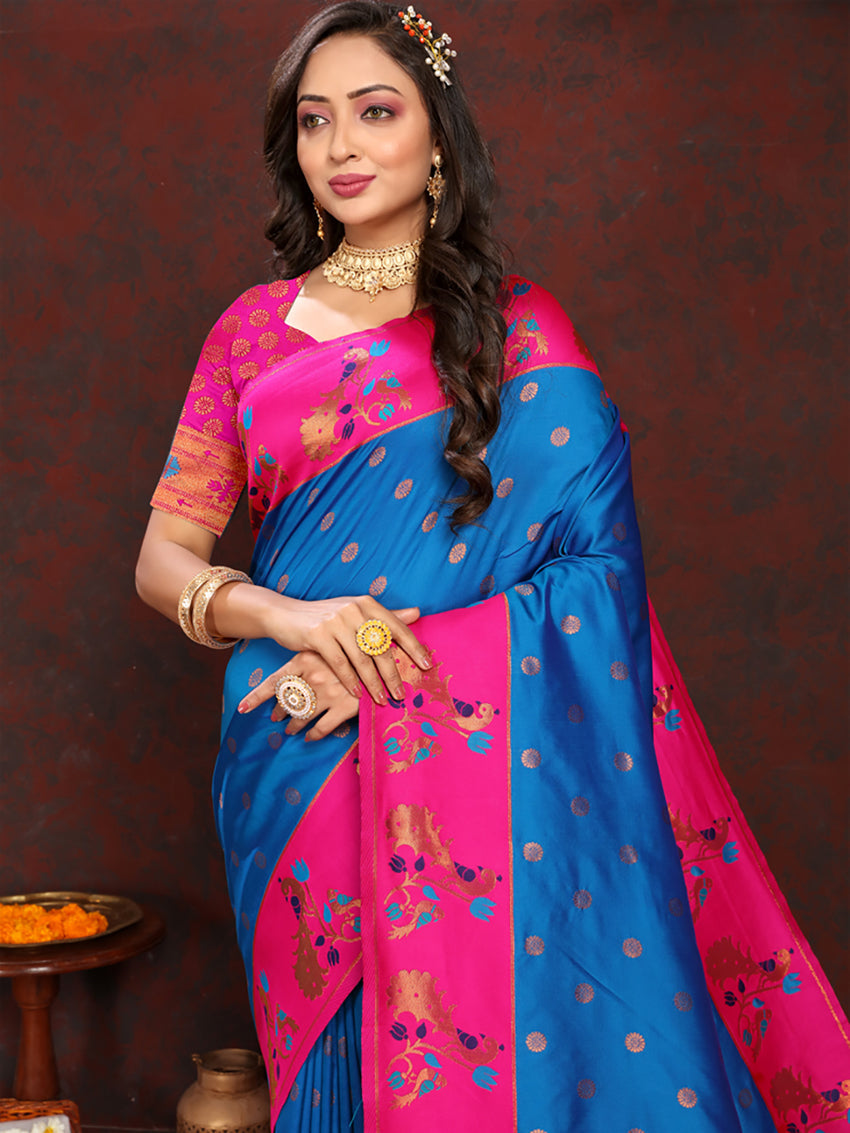 Firozi Soft Paithani Silk Saree with Rich Meenakari Zari Weaving
