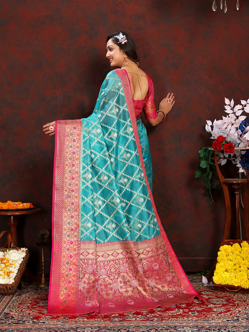 Firozi Organza Silk Saree with Meenakari Weaving and Silk Blouse