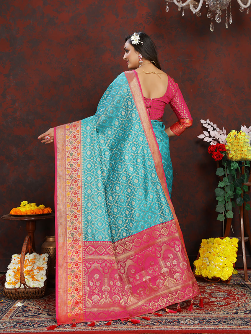 Firozi Organza Silk Saree with Rich Meenakari Woven Pallu