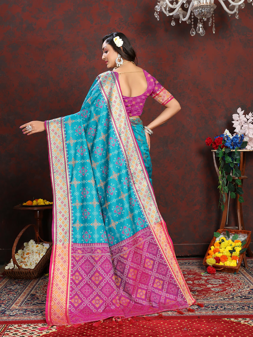 Firozi Patola Silk Saree with Zari Meenakari Weaving Pallu