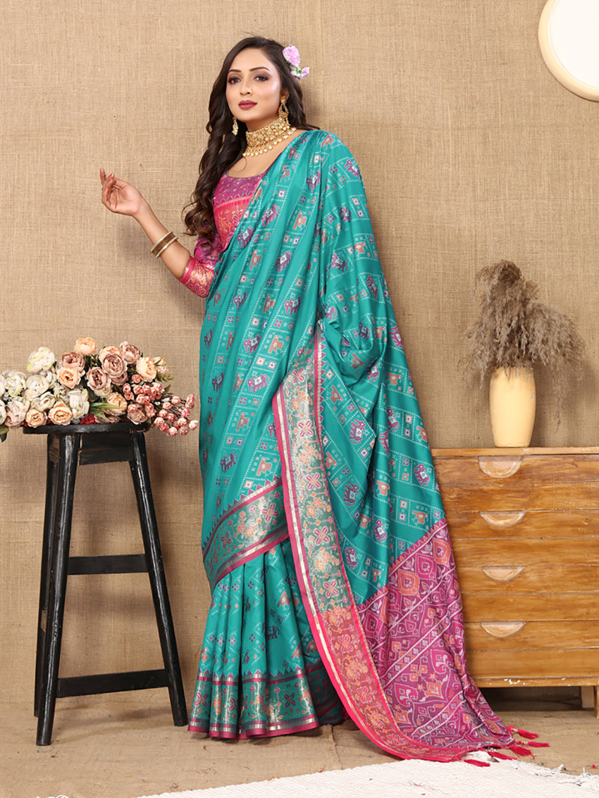Firozi Patola Silk Saree with Zari Meenakari Weaving and Pallu
