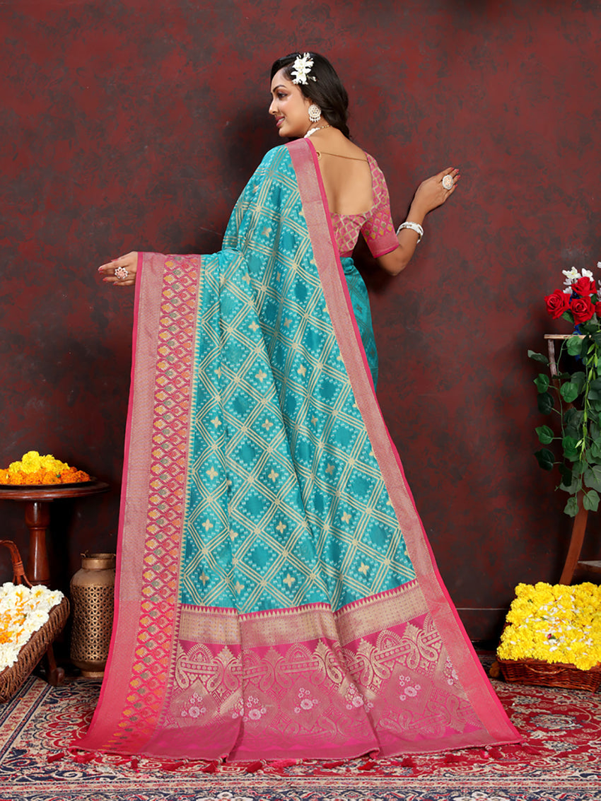 Firozi Organza Silk Saree with Traditional Meenakari Weaving