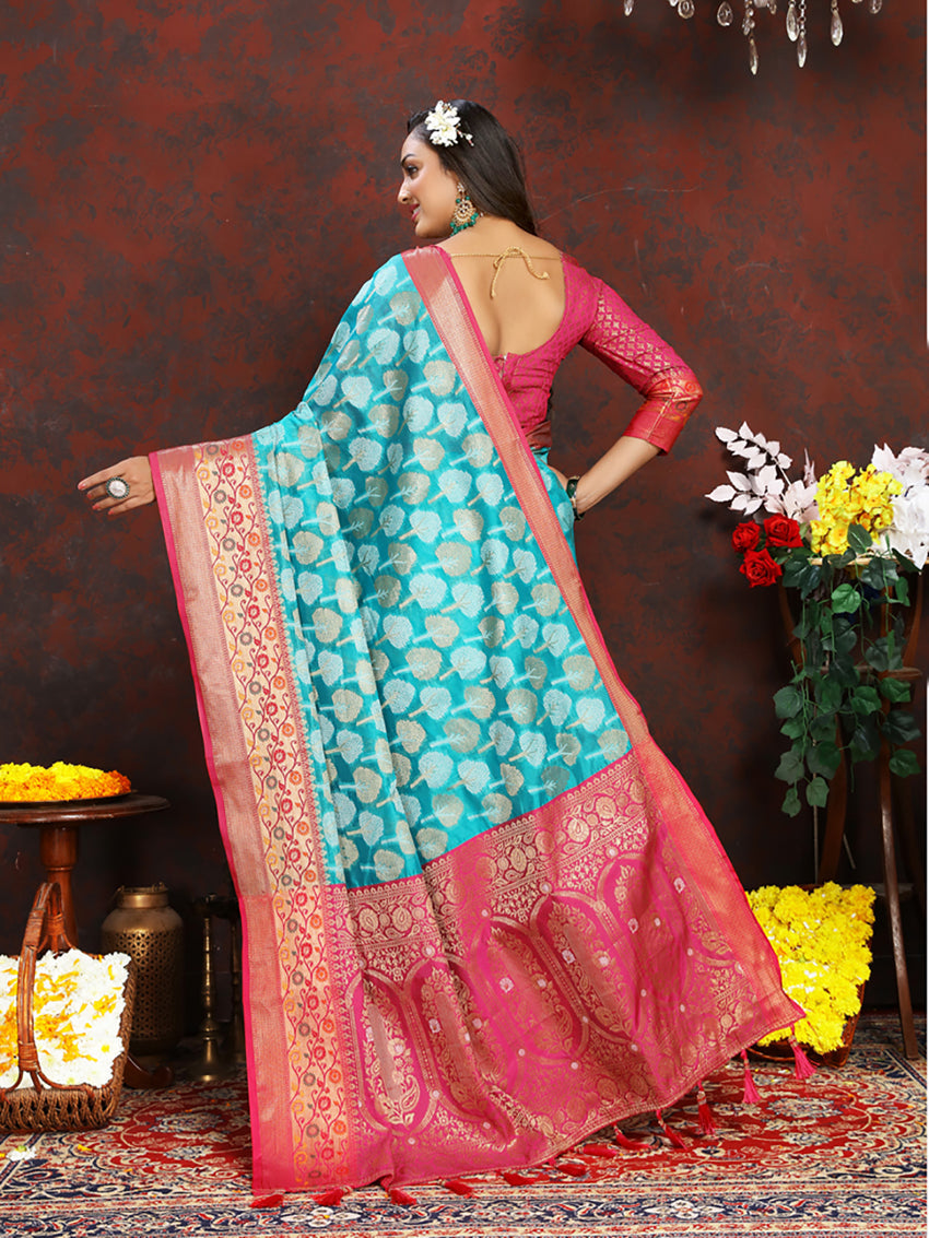 Firozi Organza Silk Saree with Meenakari Weaving and Pink Border