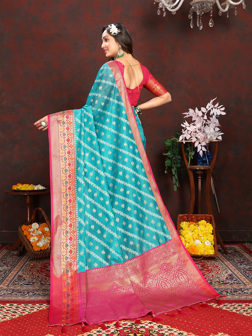 Firozi Organza Silk Saree with Meenakari Woven Design and Pallu