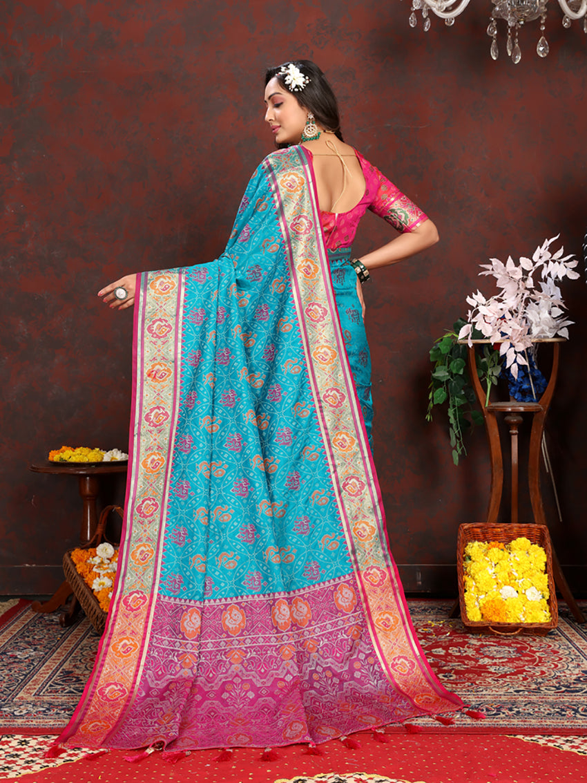 Firozi Patola Silk Saree with Zari Meenakari Weaving Motifs