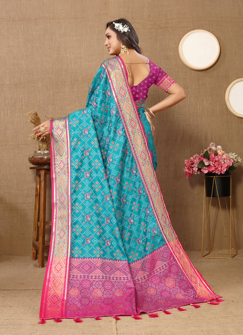 Firozi Patola Silk Saree with Zari Meenakari Woven Pallu