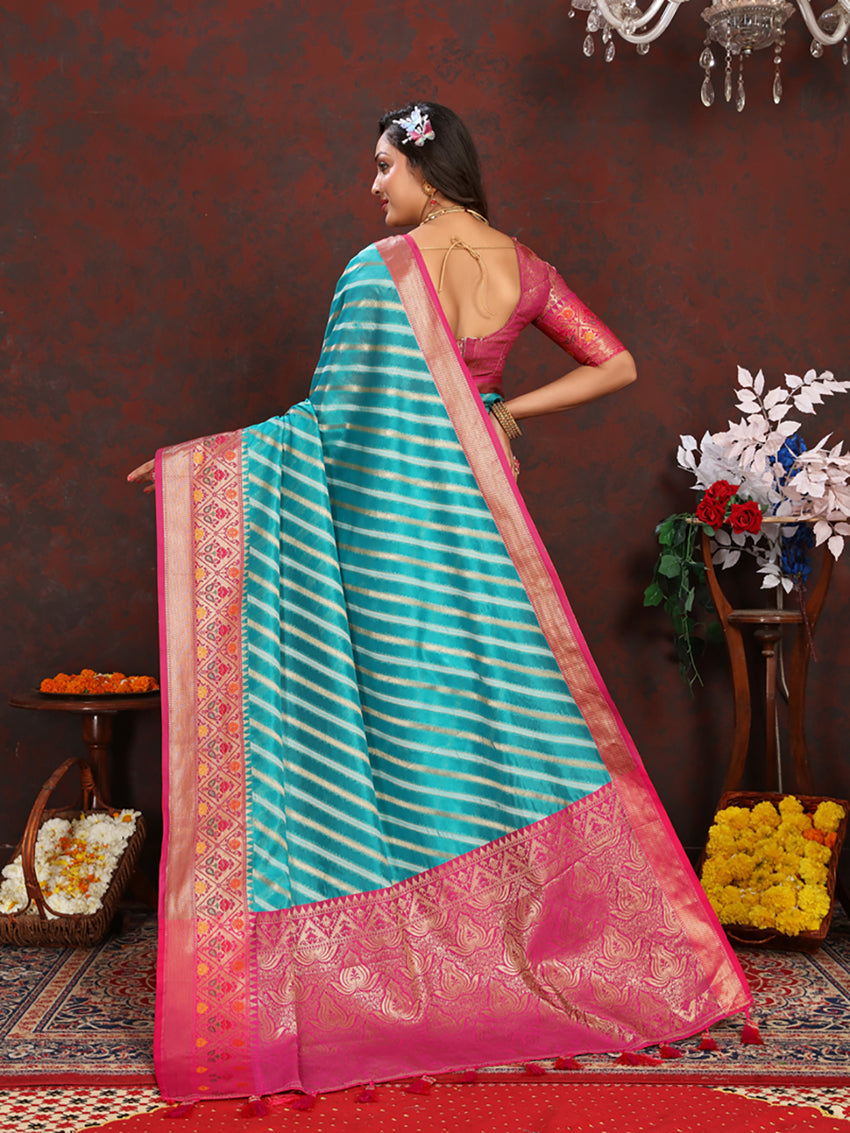 Firozi Organza Silk Saree with Meenakari Weaving and Silk Blouse