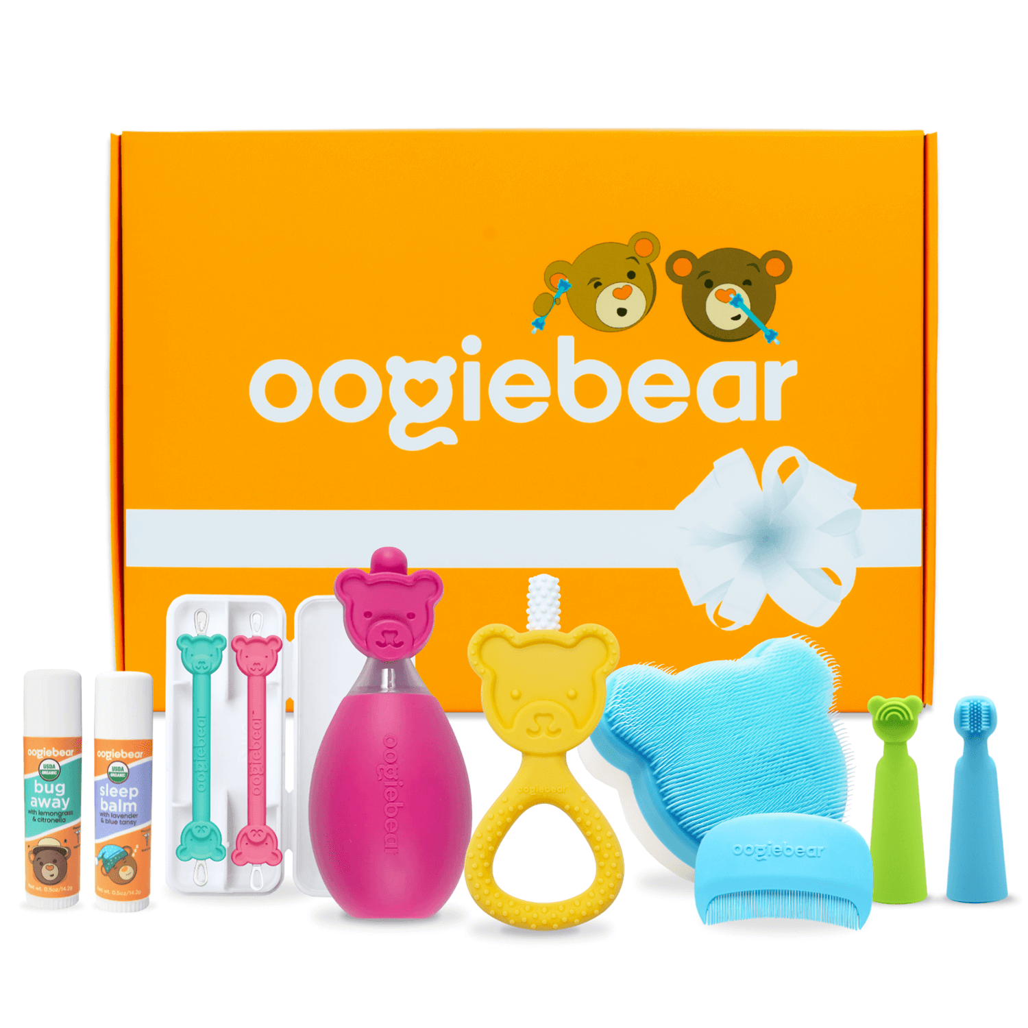 Oogiebear baby gift set in orange packaging including organic sleep balm and bug away essentials