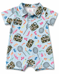 Baby wearing a Fishing Snacks Polo Shorty One-Piece with a button-up collar and snap closure.