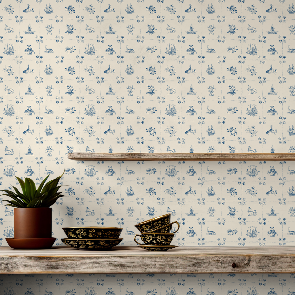 Fitz Wallpaper in Cream and Blue Traditional Coastal Style