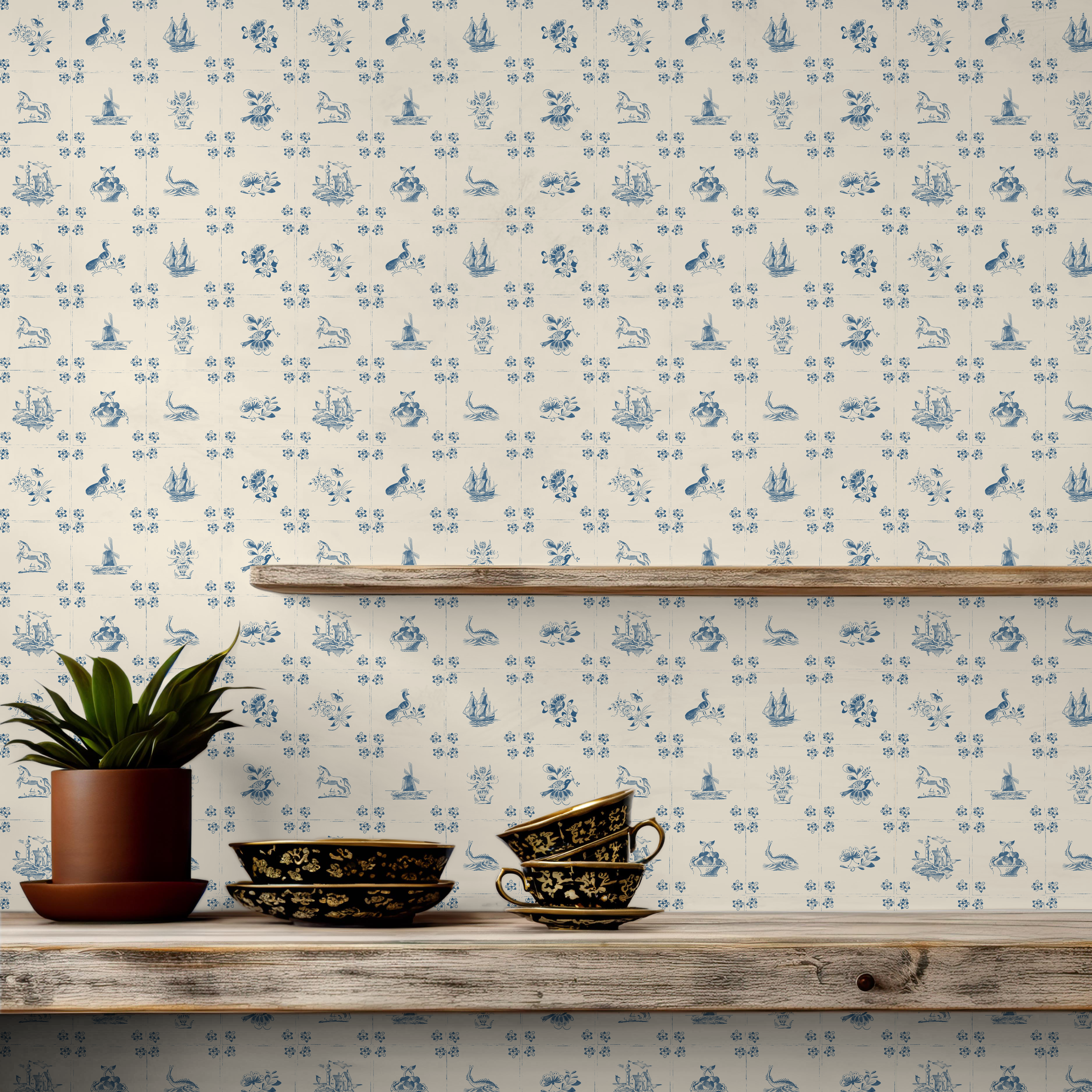 Fitz Wallpaper in Cream and Blue Traditional Coastal Style