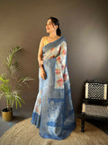 Joban Fashion Sky Blue Floral Motifs Banarasi Silk Sarees