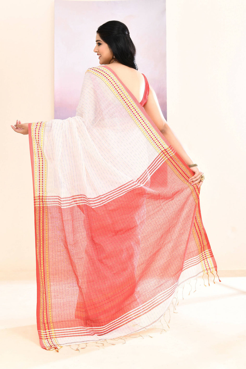 White Embellished Cotton Blend Jamdani Saree