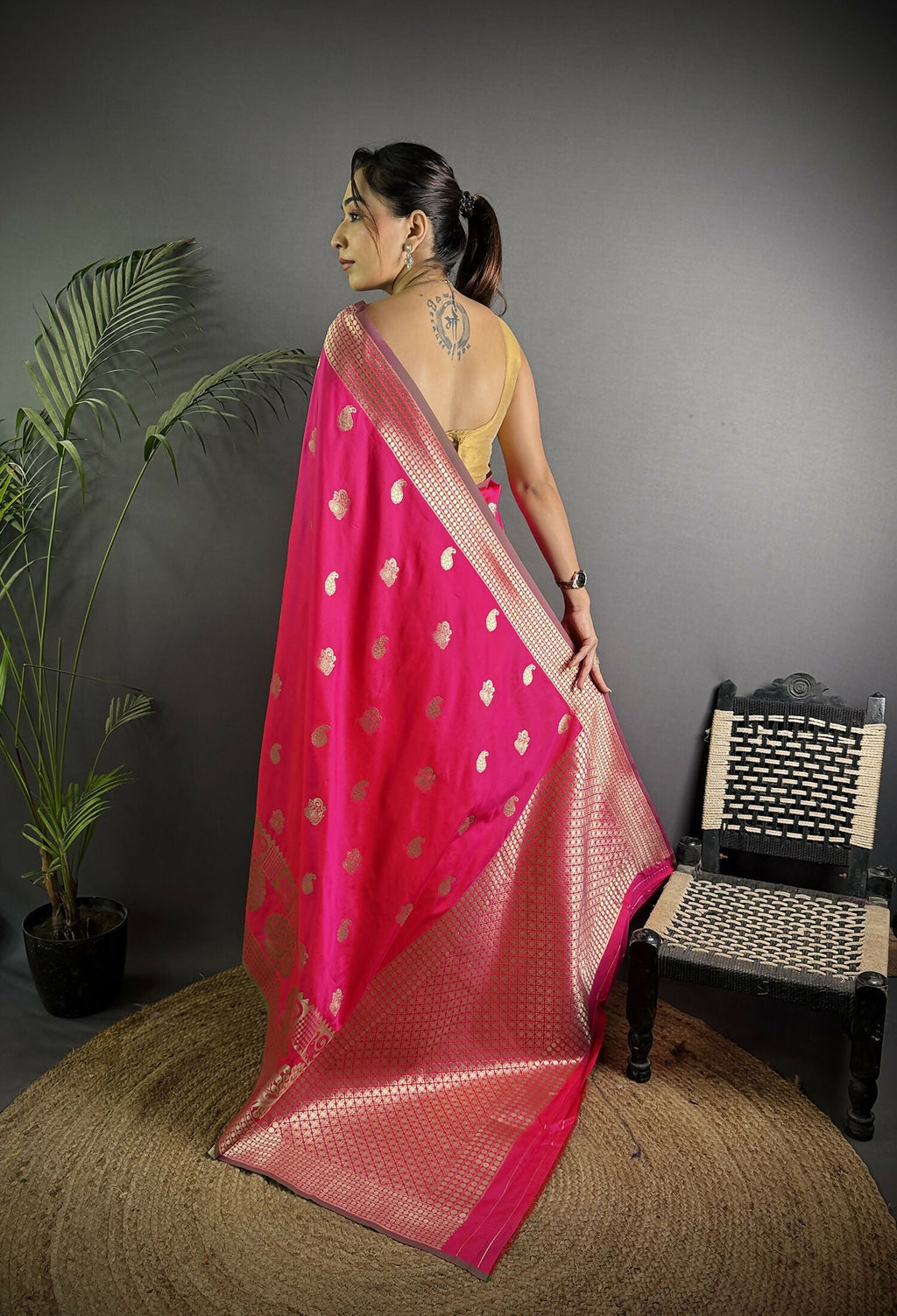Joban Fashion Hot Pink Banarasi Soft Lichi Silk Paisley Saree