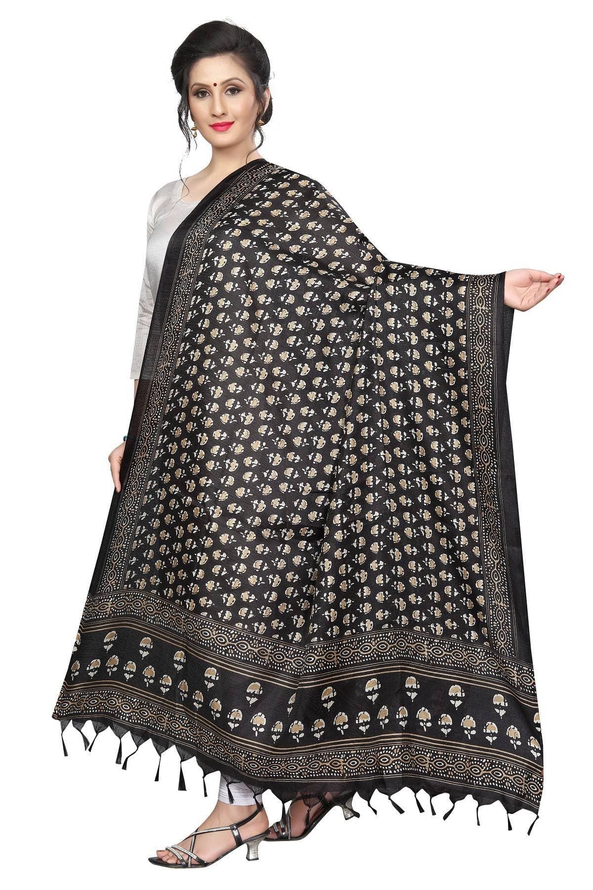 A stylish black printed Khadi Bhagalpuri dupatta for girls draped elegantly
