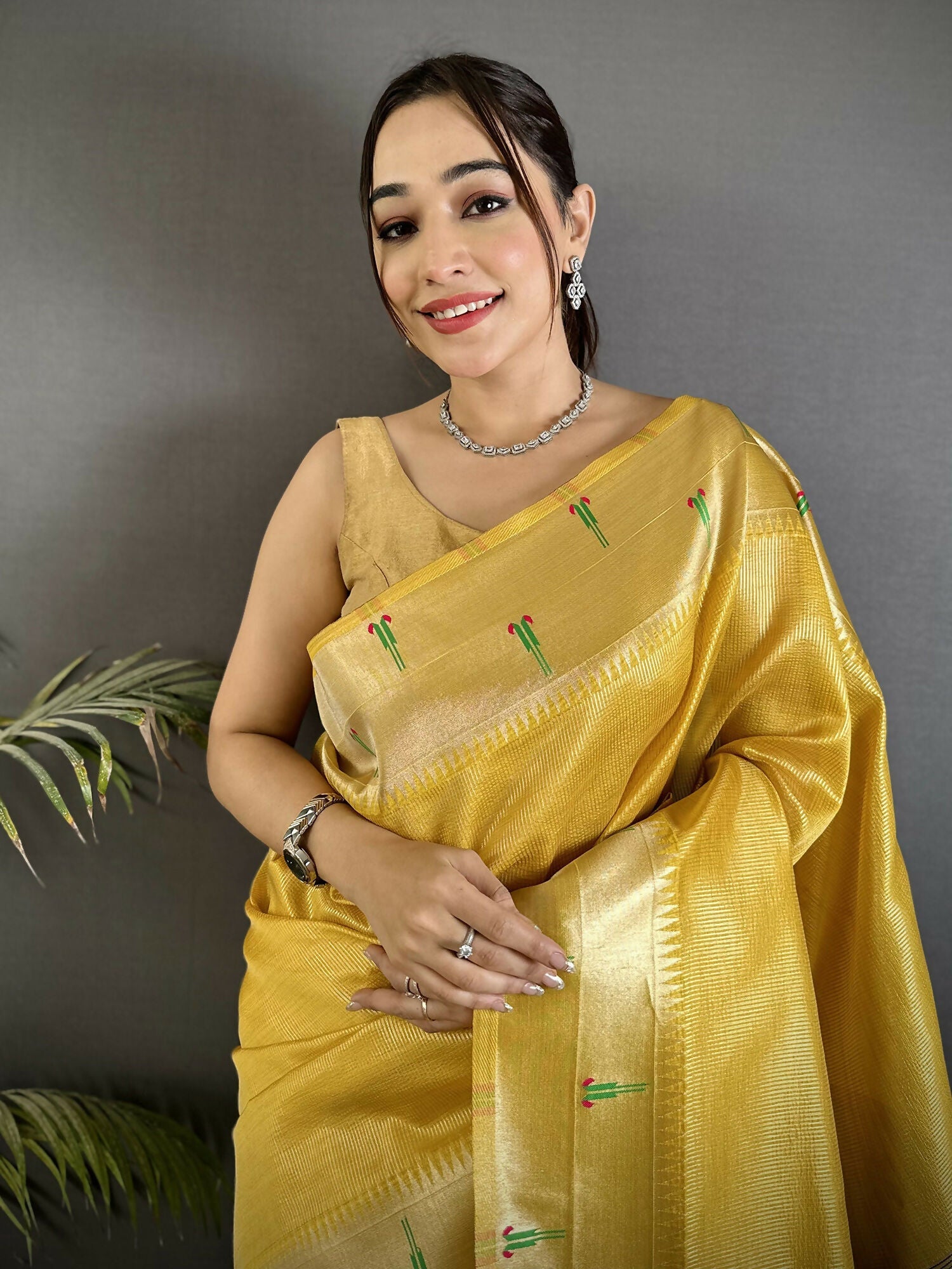 Joban Fashion Yellow Peacock & Floral Motifs Tissue Paithani Saree