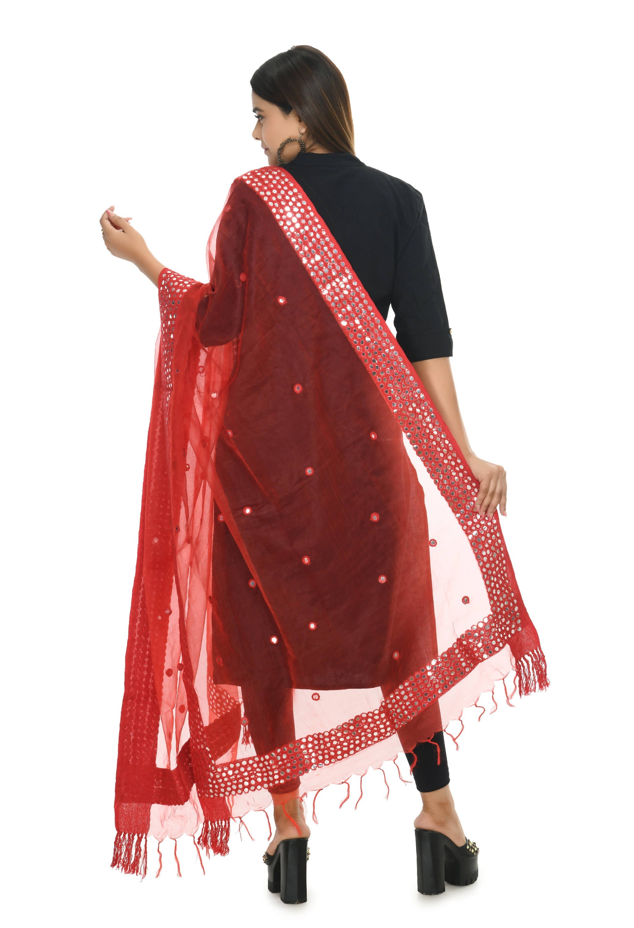 Red Dupatta with 6 Line Mirror Border - Organza Cotton