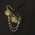 Floral Ribbon Pin Brooch – Elegant Gold Safety Pin with Charms and Pearl Chains
