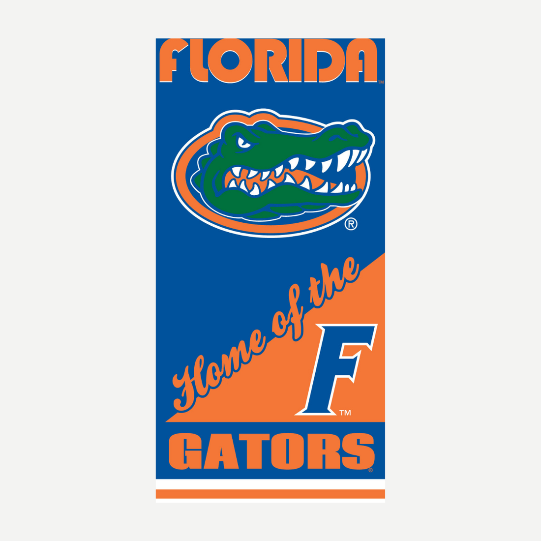 Florida Gators team logo beach towel in blue and orange with Home of the Gators text.