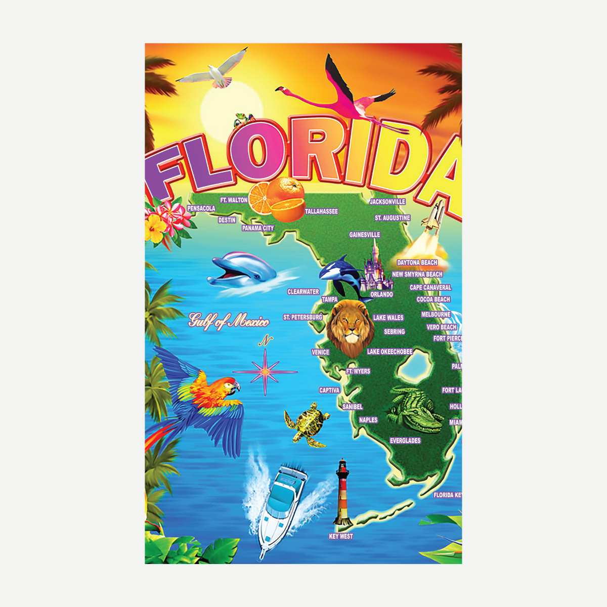 Colorful Florida map beach towel with illustrations of Florida landmarks and wildlife.