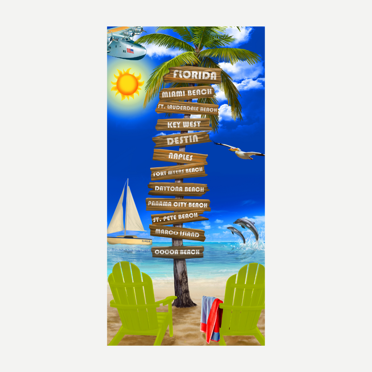 A colorful beach towel featuring a wooden signpost with Florida beach town names, two lime green chairs, and an ocean scene.