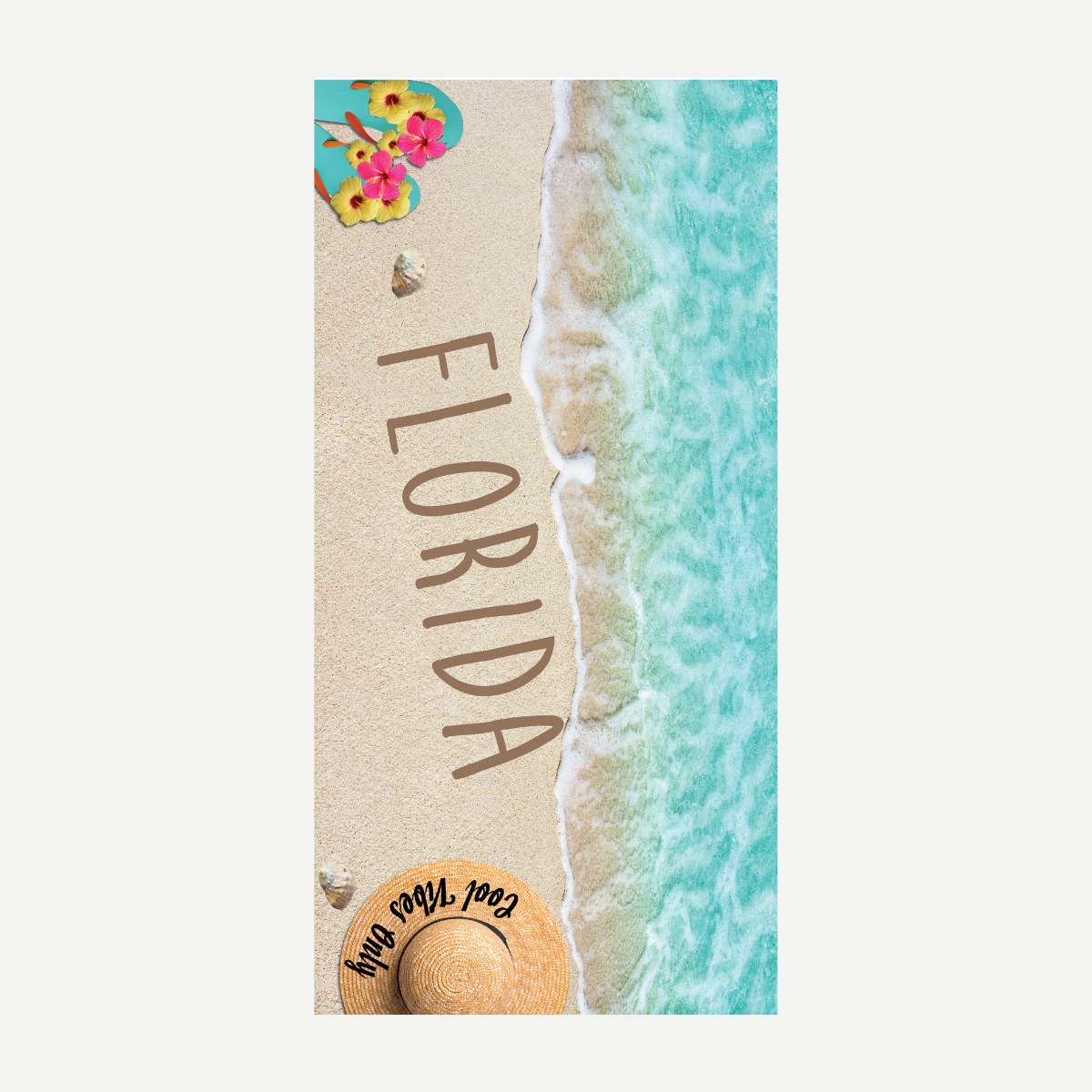 Florida themed beach towel featuring turquoise ocean waves, sandy beach, hibiscus flowers on flip-flops, and a straw hat.
