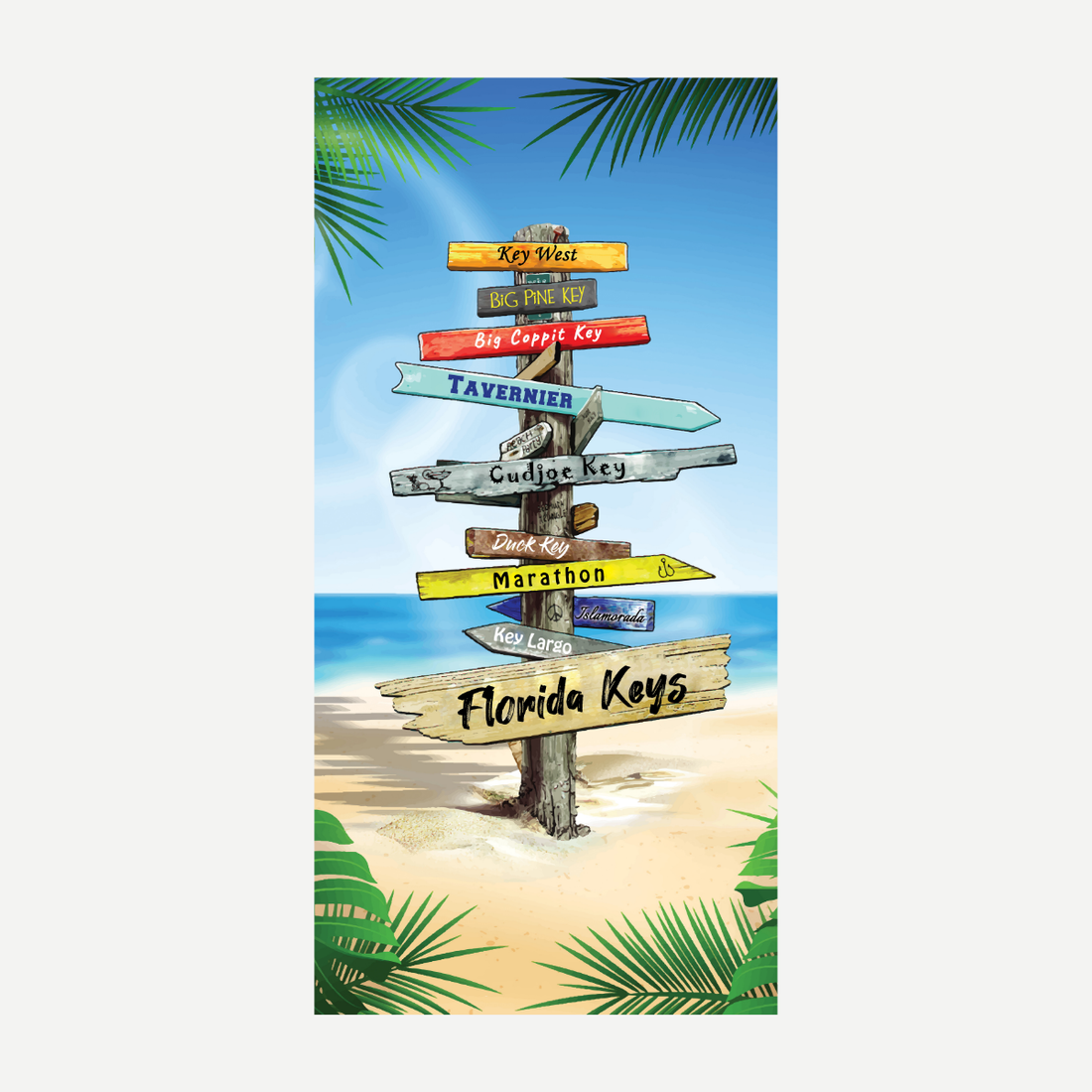 A colorful beach towel featuring a vintage wooden signpost with Florida Keys destinations against a sandy beach and blue ocean backdrop.