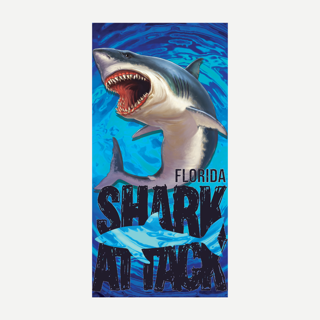 A rectangular beach towel with a graphic of a great white shark and the text Florida Shark Attack over a blue water background.