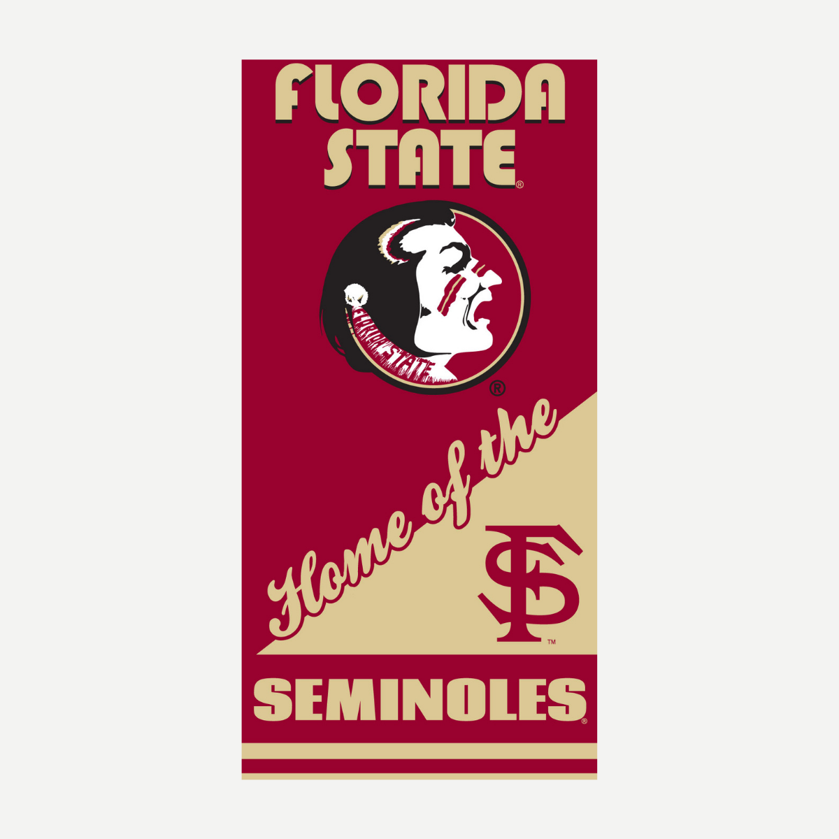 Florida State Seminoles beach towel with garnet and gold team graphics