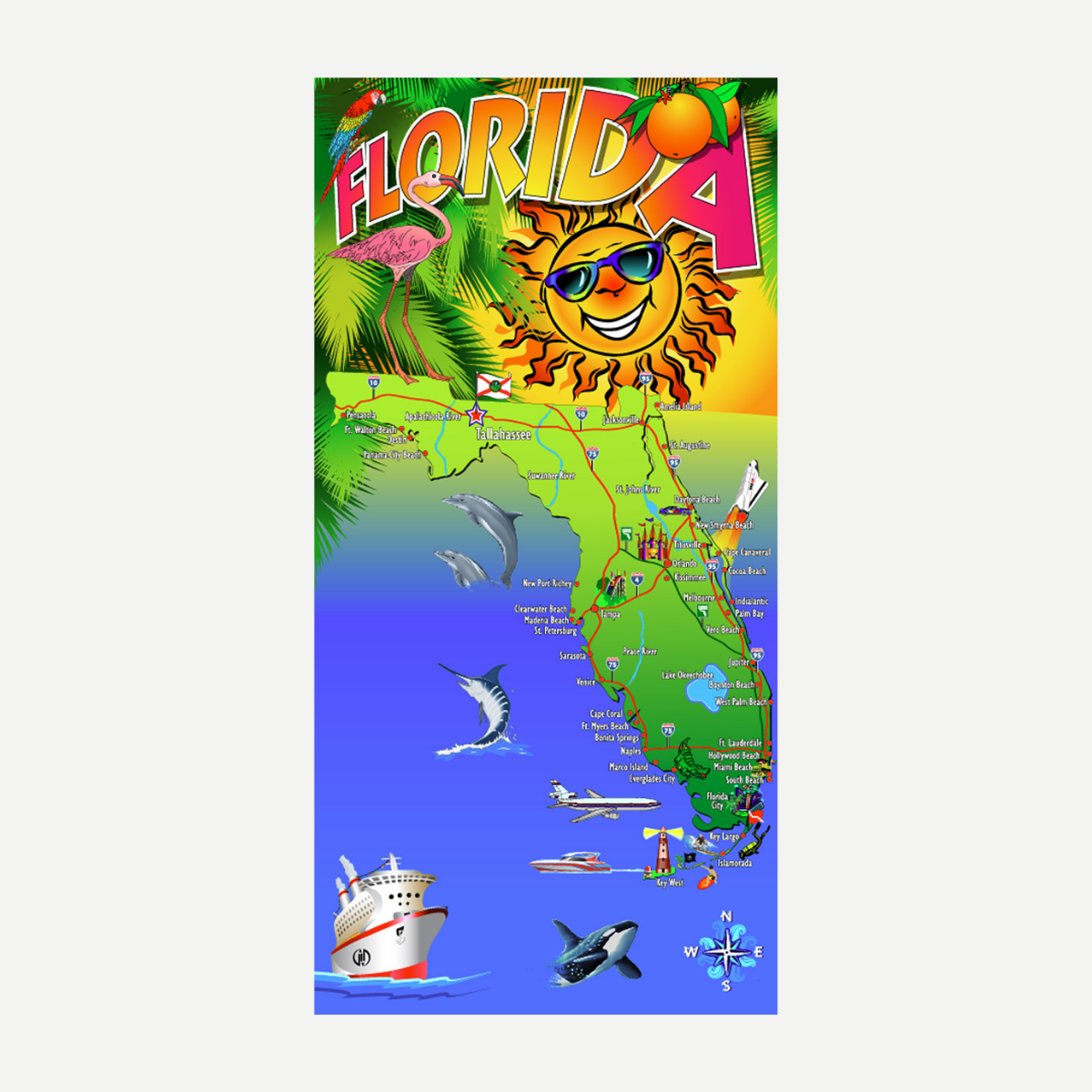 A colorful Florida beach towel featuring a map of the state with palm trees, a flamingo, dolphins, a cruise ship, and a sun wearing sunglasses.