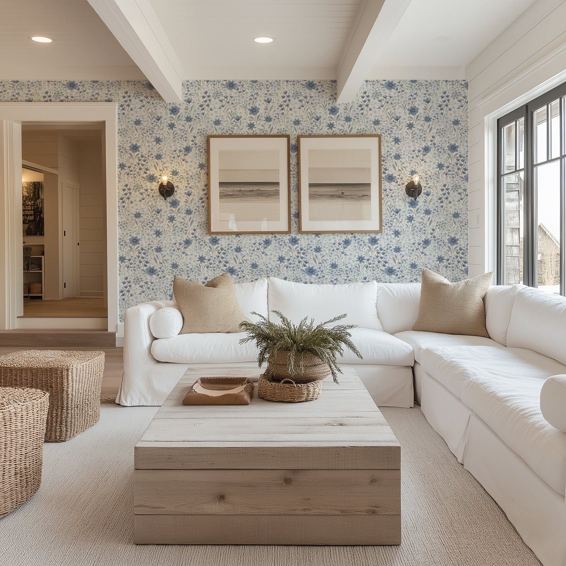 Oaklyn Floral Wallpaper in Sage, Blue, and Dusty-Pink