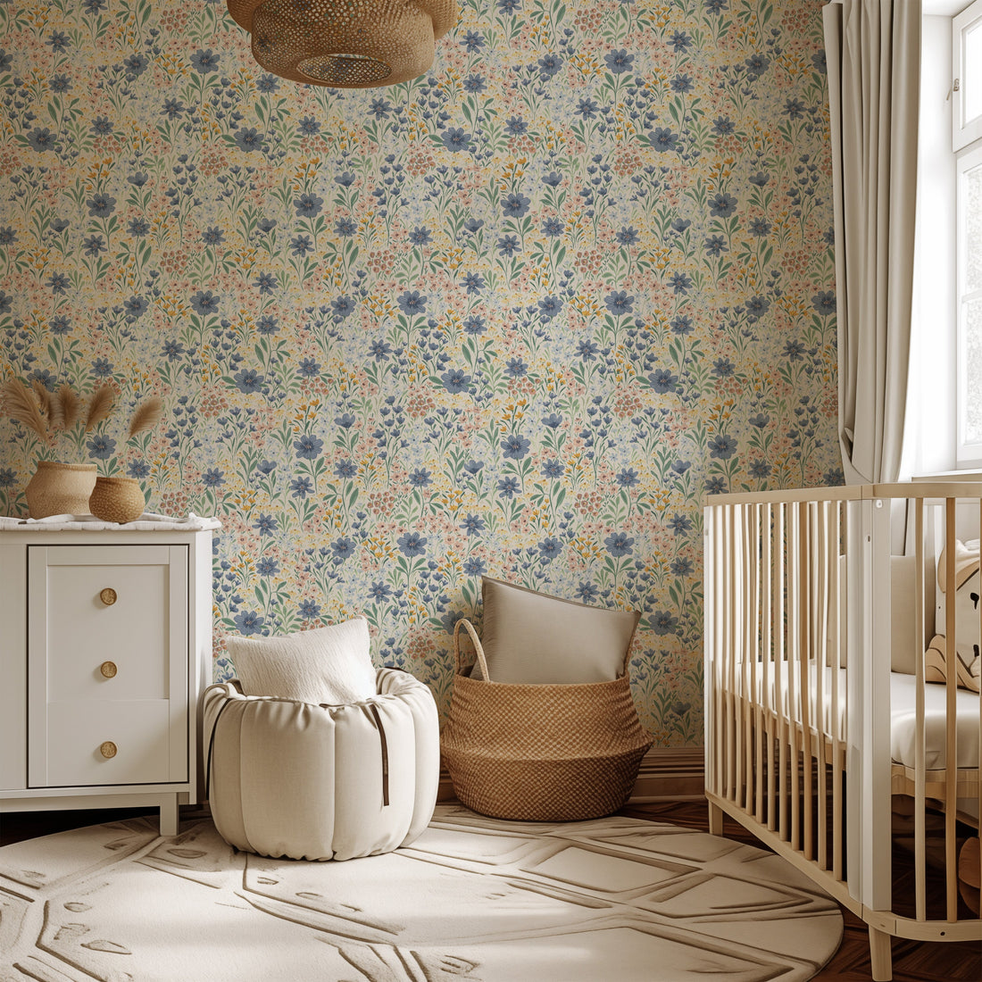 Oaklyn Floral Wallpaper in Sage, Blue, and Dusty-Pink