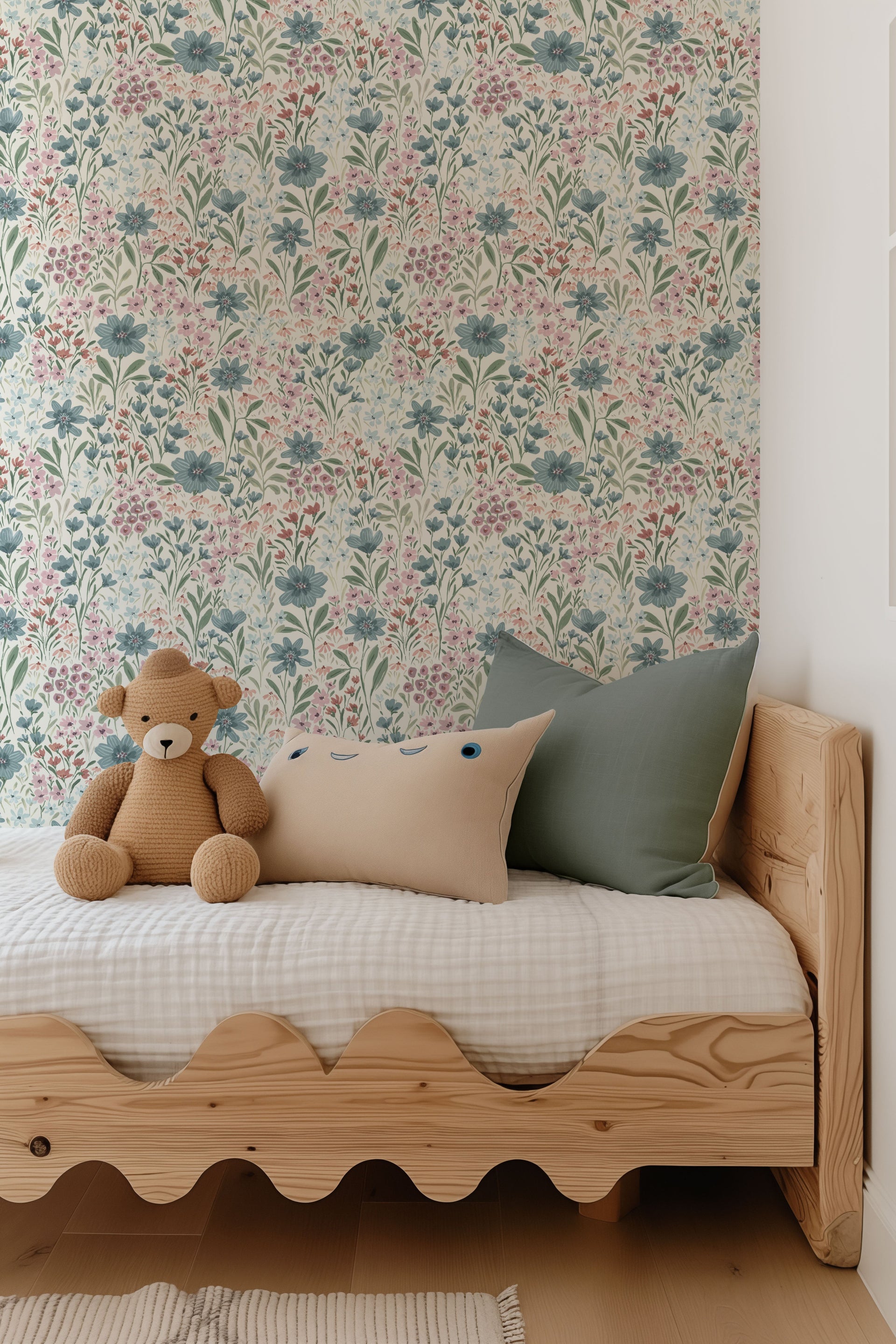Oaklyn Floral Wallpaper in Sage, Blue, and Dusty-Pink