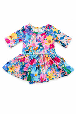 Baby girl's Flower Market 3/4 sleeve twirl bodysuit with floral print.