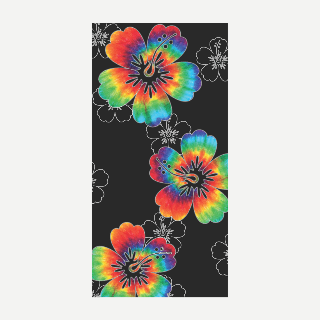 Vibrant rainbow tie dye floral pattern on a black beach towel.