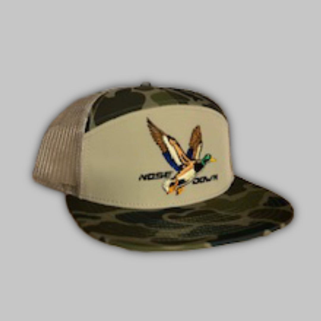 Fly High Duck 7 Panel Snapback Hat - Green, Beige & Brown Camo