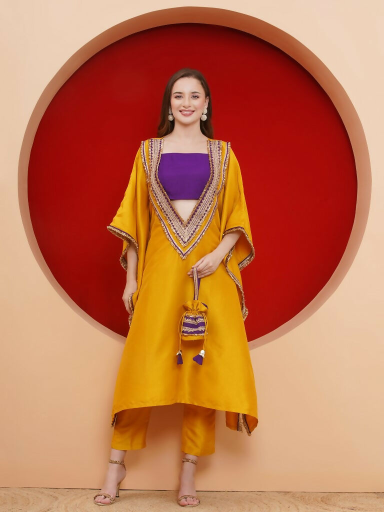 Yellow Kaftaan Set with Inner and Potli Bag - Bohemian Party Wear