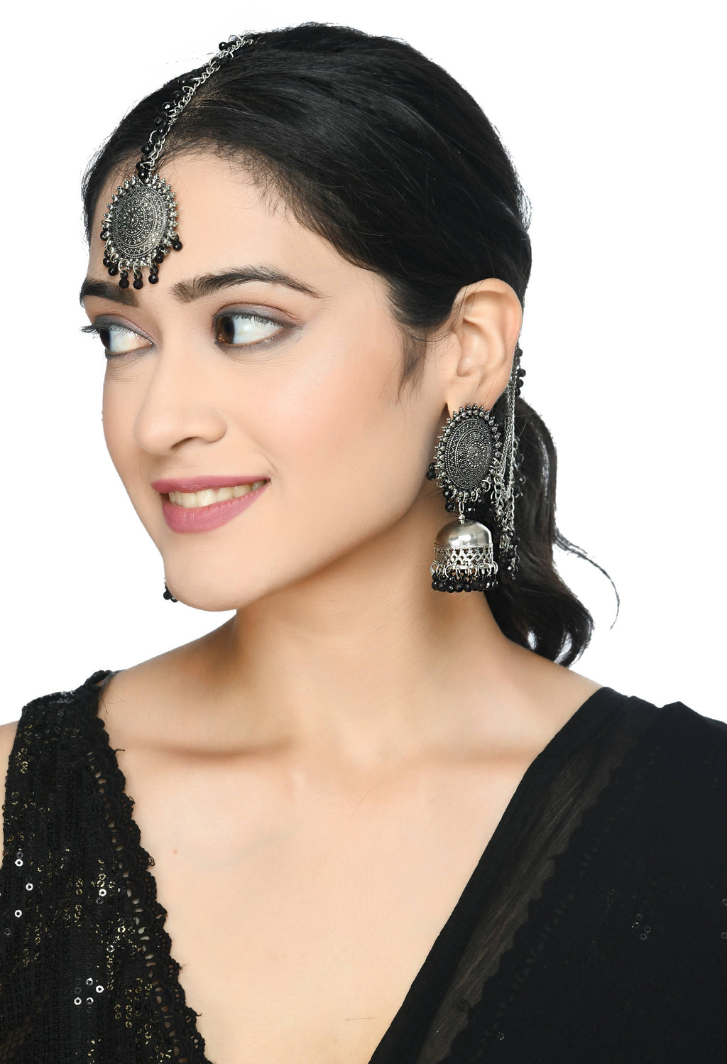 Bahubali Black Beaded Earrings Set with Matching Tikka
