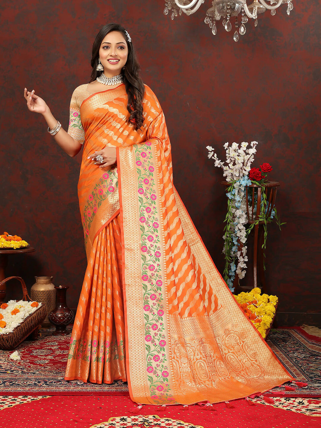 Orange Soft Cotton Leheriya Saree with Elegant Zari Woven Design