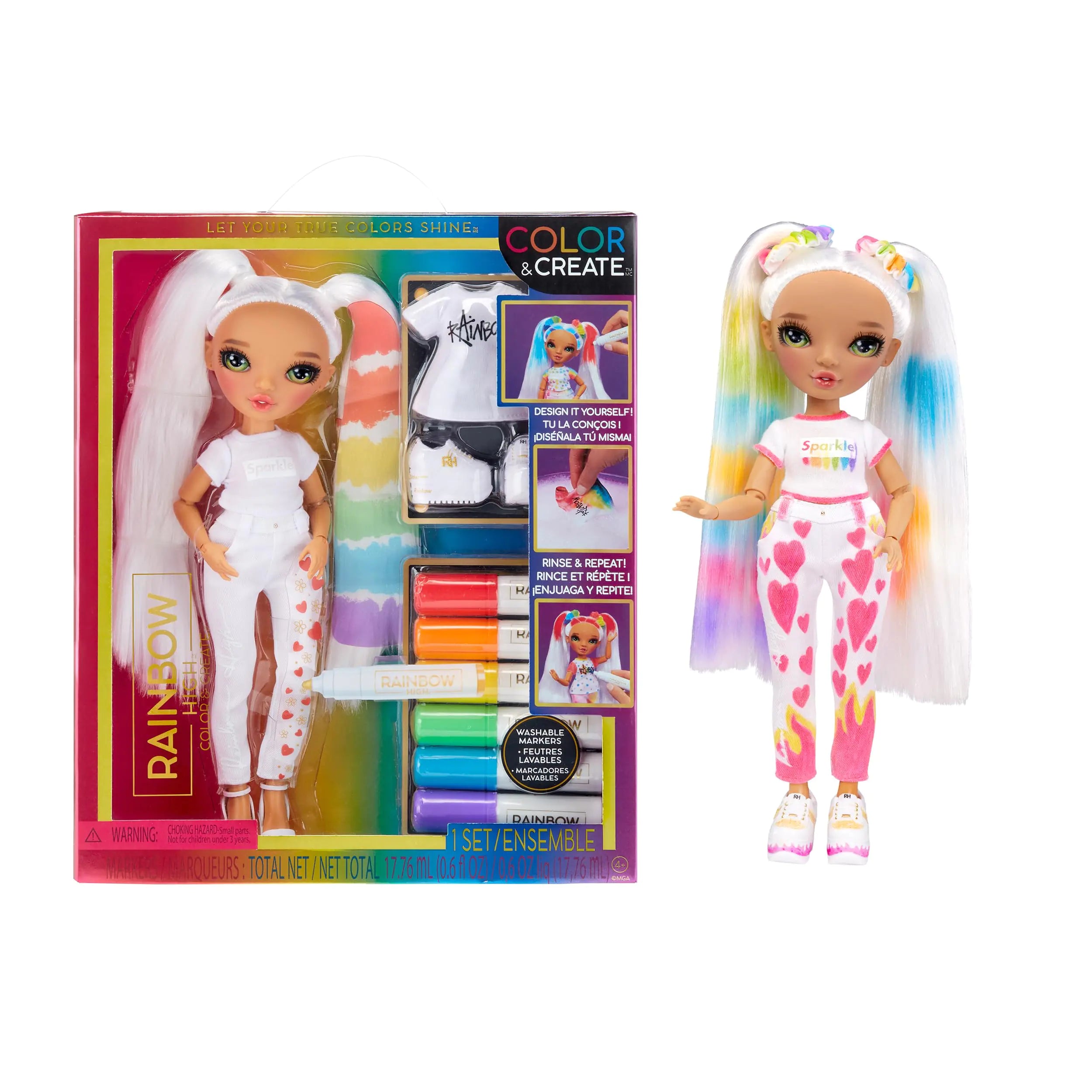 Rainbow High Color & Create Fashion DIY Doll with Washable Rainbow Markers Green Eyes Straight Hair in 2 Pig Tails Bonus Top & Shoes. Color Create Play Rinse and Repeat. Creative 4-12+