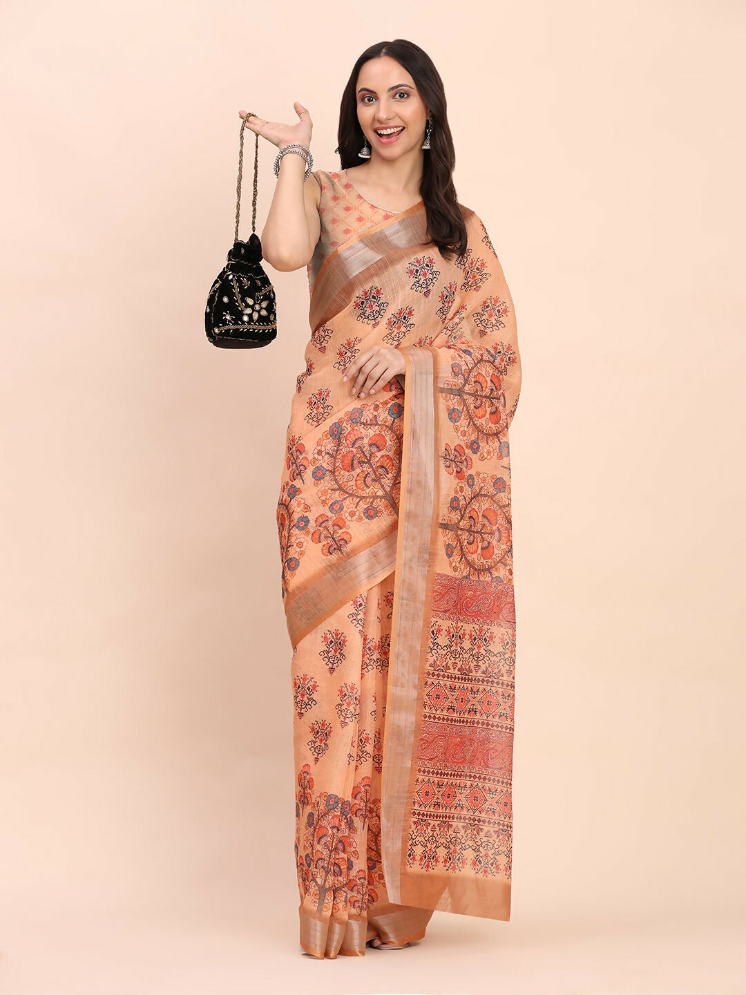 Orange Linen Cotton Saree with Matching Blouse Piece