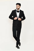 A sophisticated black satin silk coat suit set including a shirt and matching bow tie.
