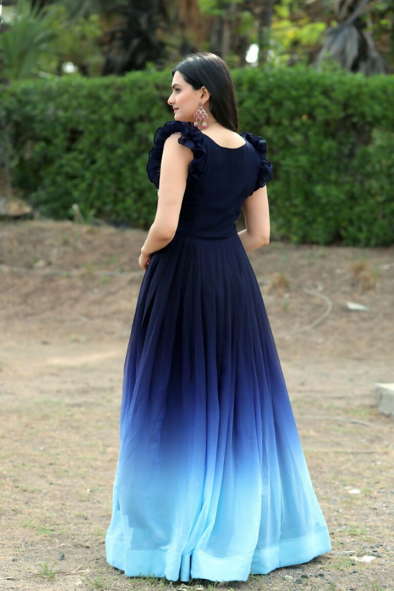 Women's Blue Sequins Embroidery Faux Blooming Anarkali Dress