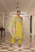 Women's light yellow cotton silk kurta with floral print and embroidery detail