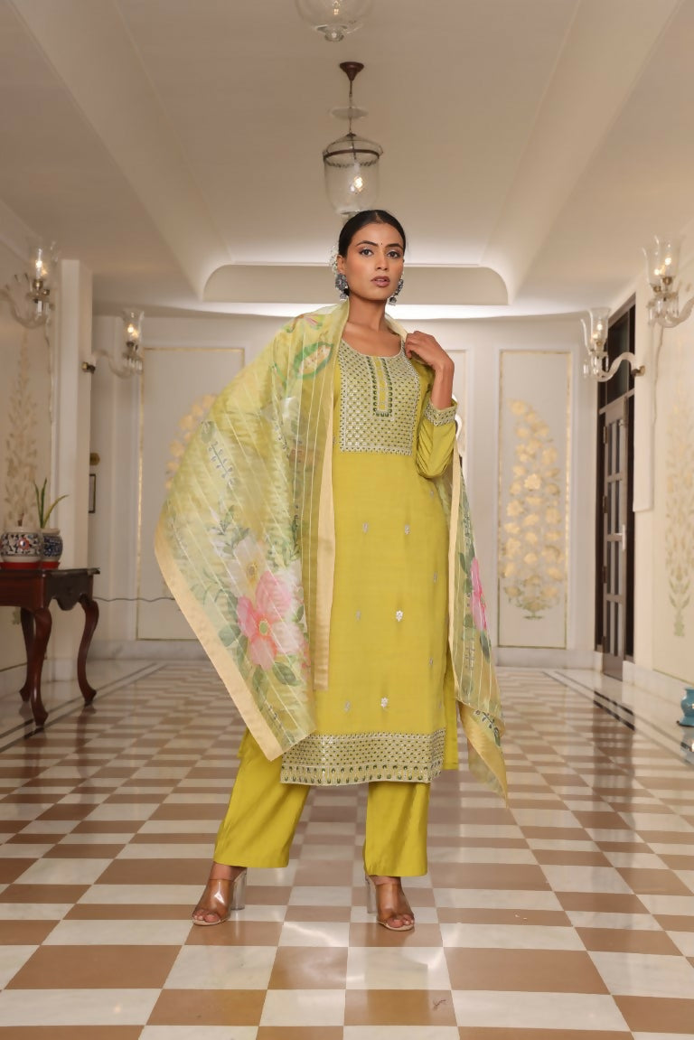 Women's light yellow cotton silk kurta with floral print and embroidery detail