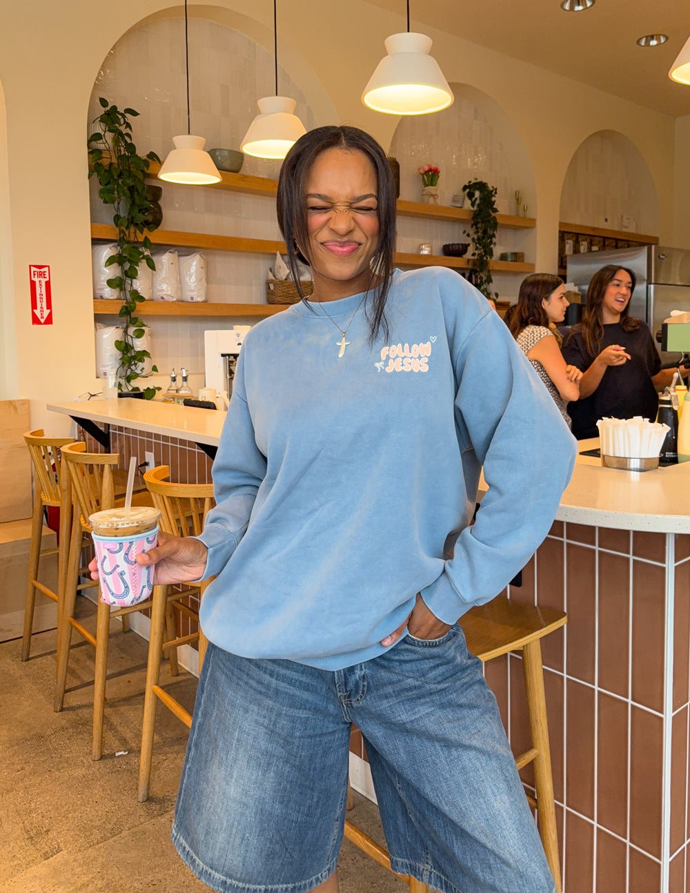 Follow Jesus Unisex Knit Crewneck Sweatshirt in Blue or Pale-Pink